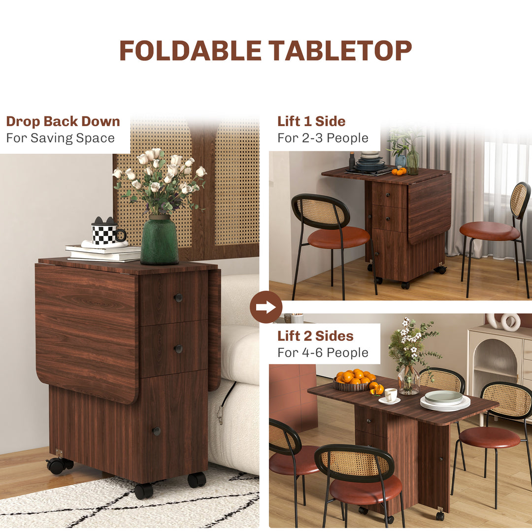 HOMCOM Foldable Dining Table, Rolling Kitchen Table with Storage Drawers and Cabinet, Drop Leaf Table on Wheels, White