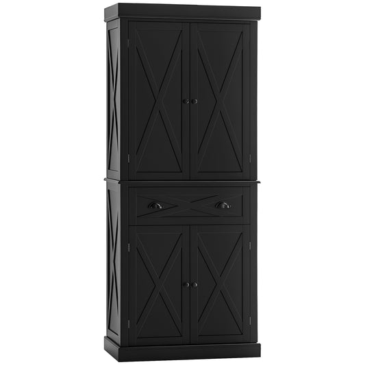 HOMCOM 72.5" Kitchen Pantry Cabinet, Freestanding Storage Cabinet with 4 Doors, Drawer and Adjustable Shelves, Black