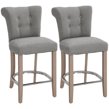 HOMCOM Bar Stools Set of 2, Upholstered Counter Height Stools with Button Tufted Back, Wood Legs and Footrest, Grey