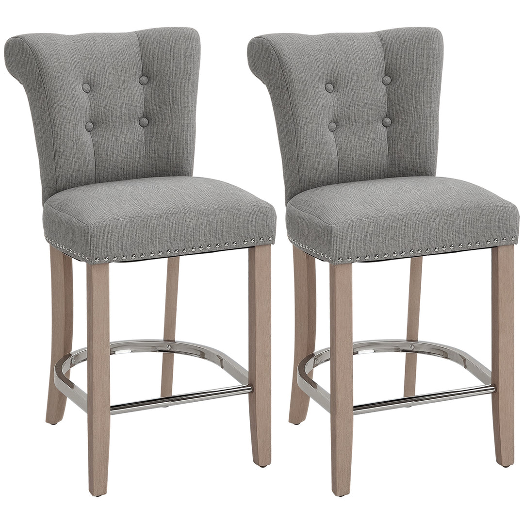 HOMCOM Bar Stools Set of 2, Upholstered Counter Height Stools with Button Tufted Back, Wood Legs and Footrest, Grey