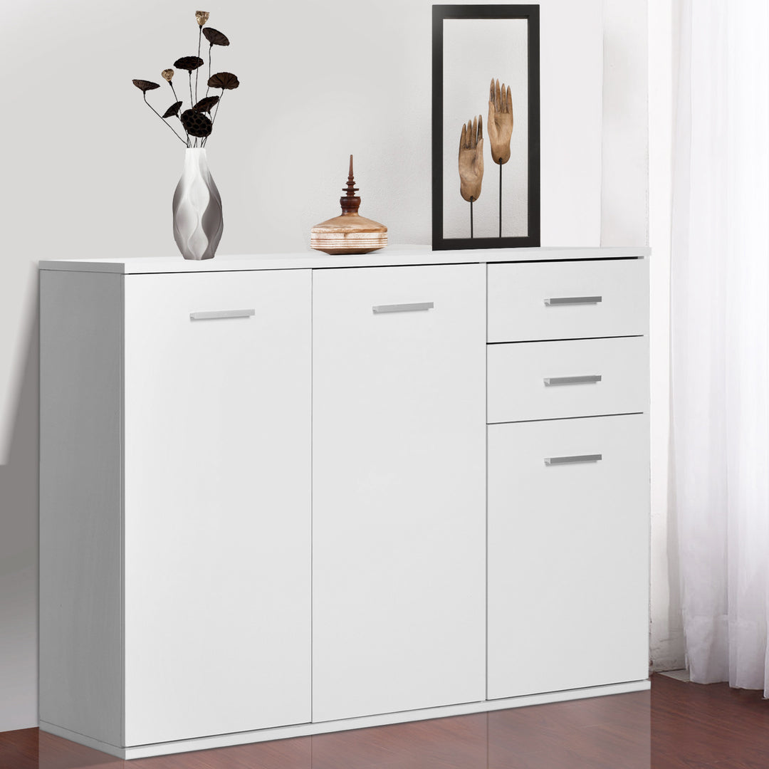 HOMCOM High Gloss Sideboard with 2 Drawers and 3 Doors, Buffet Cabinet with Adjustable Shelf, Coffee Bar Cabinet with Storage, White