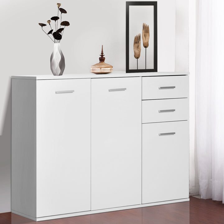 HOMCOM High Gloss Sideboard with 2 Drawers and 3 Doors, Buffet Cabinet with Adjustable Shelf, Coffee Bar Cabinet with Storage, White