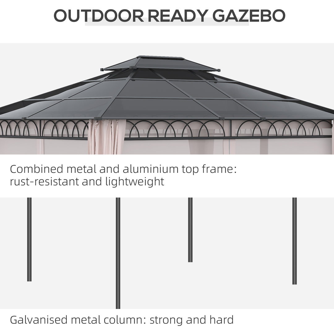Outsunny 10' x 12' Outdoor Hardtop Gazebo Canopy w/ Double PC Roof, Steel Frame, Nettings, Curtains for Garden Lawn Deck, Khaki