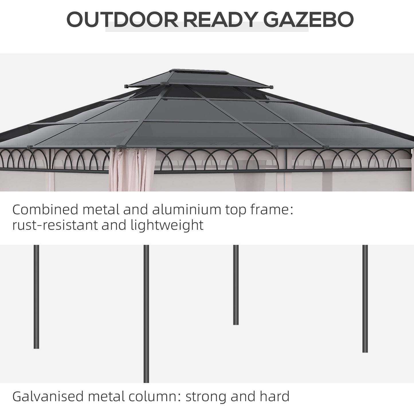 Outsunny 10' x 12' OutdoorÂ Hardtop Gazebo Canopy w/Â Double PC Roof, Steel Frame, Nettings,Â Curtains forÂ GardenÂ LawnÂ Deck, Khaki