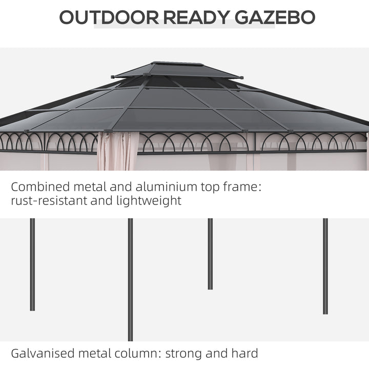 Outsunny 10' x 12' Outdoor Hardtop Gazebo Canopy w/ Double PC Roof, Steel Frame, Nettings, Curtains for Garden Lawn Deck, Khaki