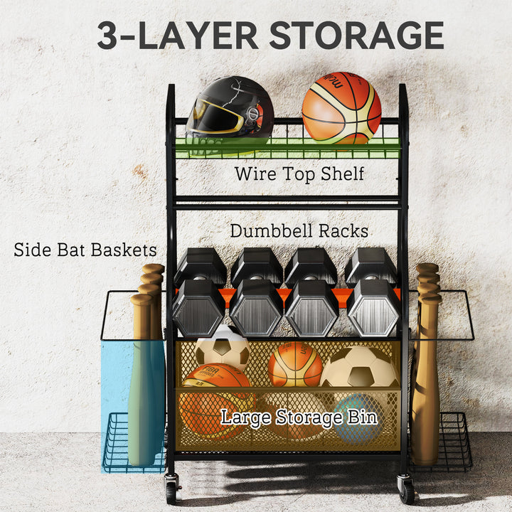 Soozier Garage Sports Equipment Organizer, Rolling Home Gym Storage Rack with Wheels, Dumbbell Rack and Ball Storage Holder