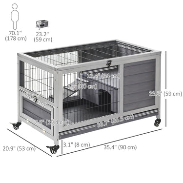 PawHut Wooden Indoor Rabbit Hutch Elevated Bunny Cage Habitat with Enclosed Run with Wheels, Suitable for Rabbits and Guinea Pigs, Grey