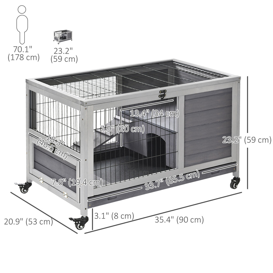PawHut Wooden Indoor Rabbit Hutch Elevated Bunny Cage Habitat with Enclosed Run with Wheels, Suitable for Rabbits and Guinea Pigs, Grey