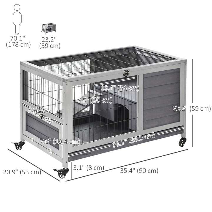 PawHut Wooden Indoor Rabbit Hutch Elevated Bunny Cage Habitat with Enclosed Run with Wheels, Suitable for Rabbits and Guinea Pigs, Grey