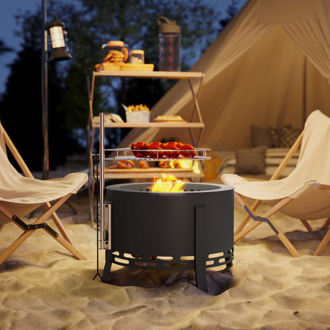 Outsunny Outdoor Fire Pit, Round Firepit with Grill Grate, Fire Bowl with Ash Catcher and Poker for Backyard Camping Bonfire Picnic, Black