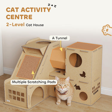 PawHut Multi-Level Cardboard Cat House, Corrugated Cardboard Play Condo with Scratching Pads for Indoor Kittens