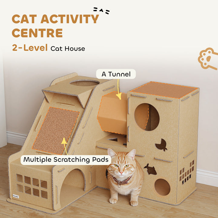 PawHut Multi-Level Cardboard Cat House, Corrugated Cardboard Play Condo with Scratching Pads for Indoor Kittens