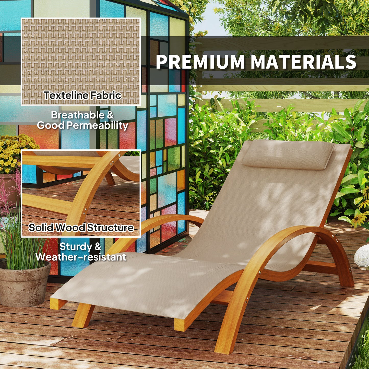 Outsunny Outdoor Wood Chaise Lounge Chair Recliner Patio Camping with Headrest, Teak & Black