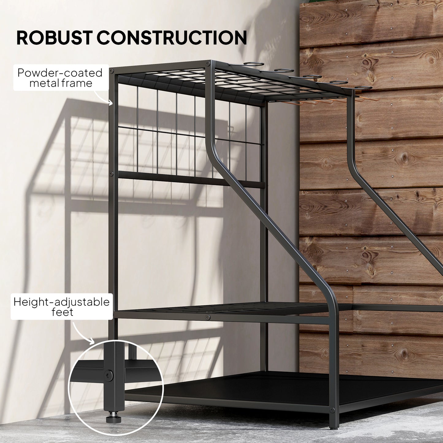 Outsunny 3-Tier Yard Tool Tower Rack, Garden Tool Organizer with Hooks for Long-Handled Rakes, Shovel, Broom, Orange