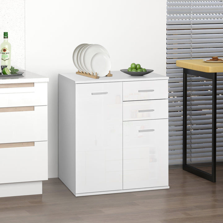 HOMCOM High Gloss Sideboard with 2 Drawers and 2 Doors, Buffet Cabinet with Adjustable Shelf, Coffee Bar Cabinet with Storage, White
