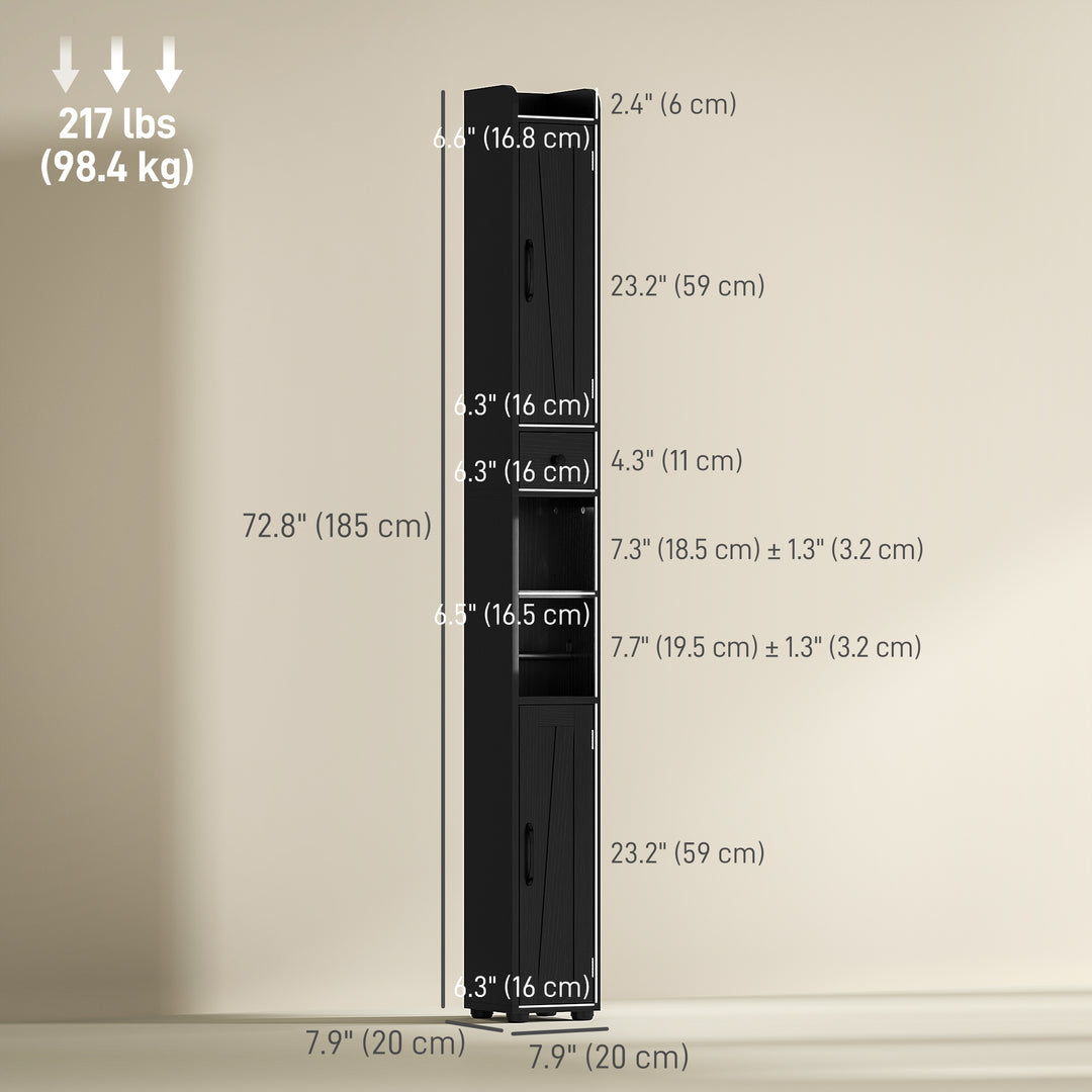 HOMCOM Narrow Bathroom Cabinet, Tall Bathroom Storage Cabinet with Barn Doors, Drawer and Adjustable Shelves, Brown Wood Grain