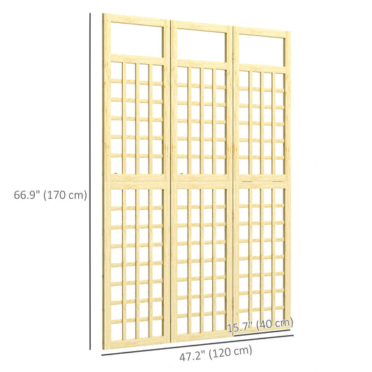 Outsunny 3 Panel Outdoor Wood Privacy Screen, Folding Room Divider/Trellis for Home, Patio, 47.2" x 66.9", Natural Wood