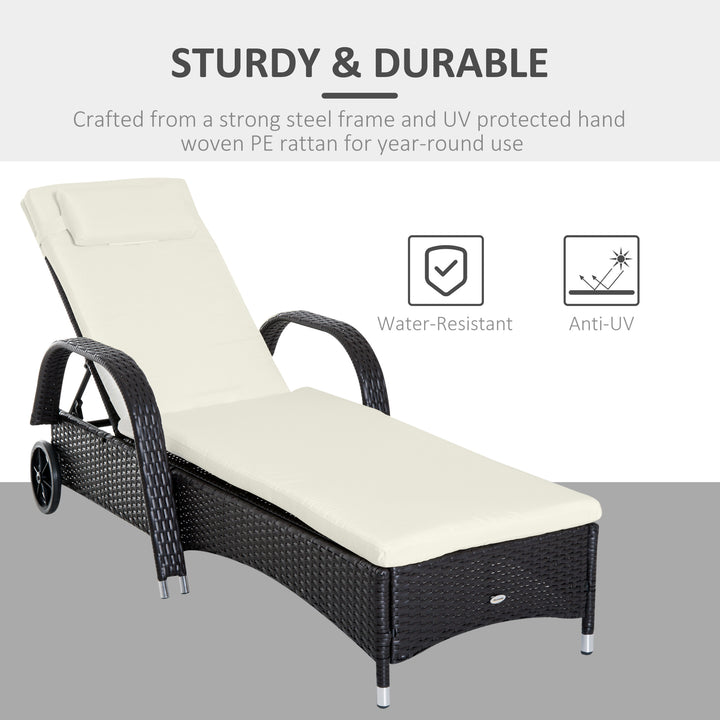 Outsunny Wicker Chaise Lounge, Outdoor Lounge Chair, PE Rattan Patio Sun lounger with Head-rest, 5-Level Height Adjust Backrest, Cushion & Wheels, Deep Coffee and Cream White