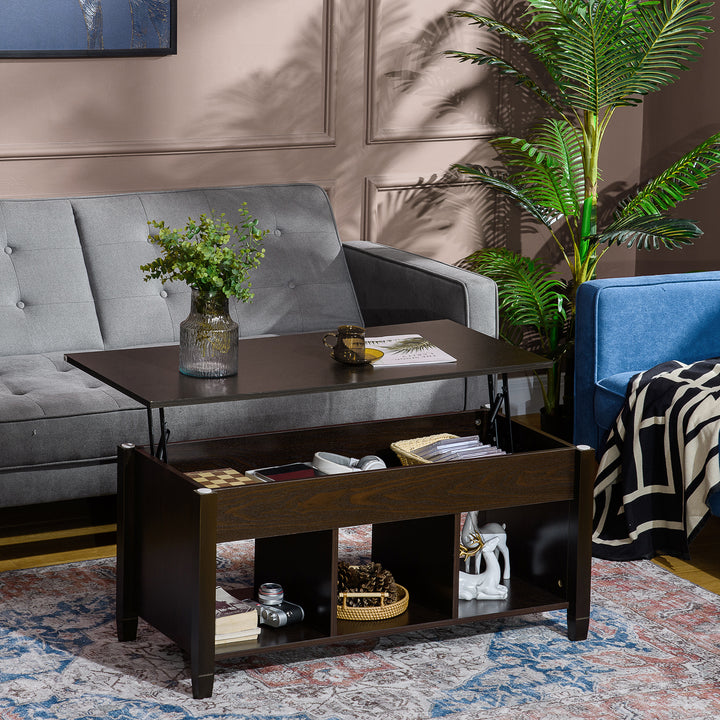 HOMCOM Lift Top Coffee Table, Modern Center Table with Storage Shelves and Hidden Compartment for Living Room, 41" L, Espresso