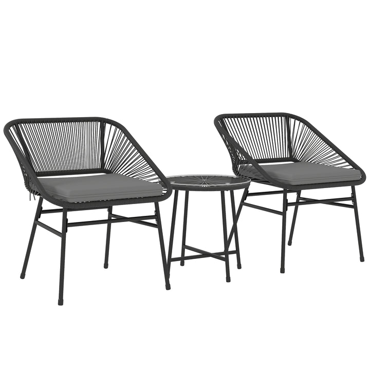 Outsunny 3 Piece Bistro Set, Wicker Outdoor Patio Furniture Set with Glass Top Table, Cushions for Balcony, Porch, Black