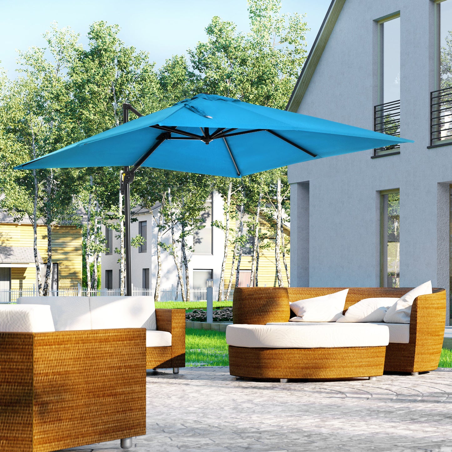 Outsunny 8' x 8' Square Patio Hanging Offset Umbrella with 360Â° Rotation, Aluminum Outdoor Cantilever Parasol with Crank & Tilt, Sun Canopy Shelter with Cross Base, Dark Blue