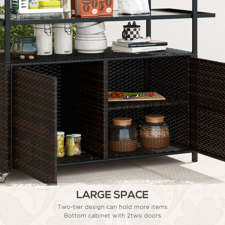 Outsunny 2-Tier PE Rattan Outdoor Bar Cart, Glass Top Outdoor Kitchen Island with Cabinet, Mixed Brown