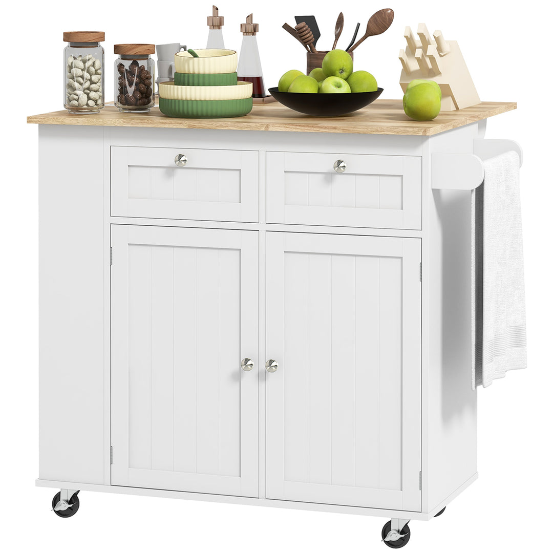 HOMCOM Kitchen Island with Power Outlet and Drop Leaf, Rolling Kitchen Cart with 2 Drawers and Adjustable Shelves, White