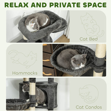 PawHut 52.5" Cat Tree Tower with Scratching Posts, Cat Condos, Bed, Platforms, Hammocks, for Indoor Cats, Dark Grey