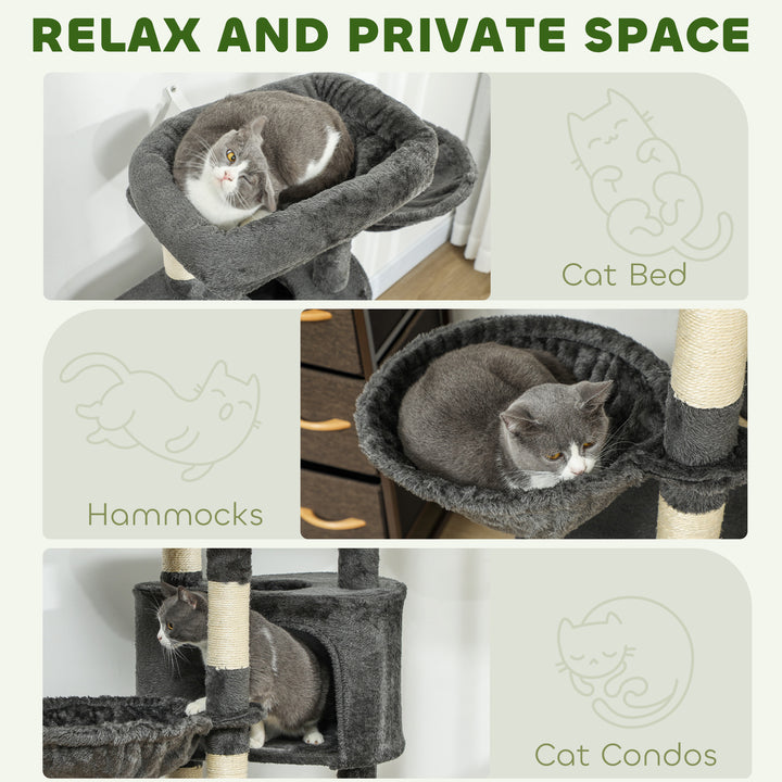 PawHut 52.5" Cat Tree Tower with Scratching Posts, Cat Condos, Bed, Platforms, Hammocks, for Indoor Cats, Dark Grey