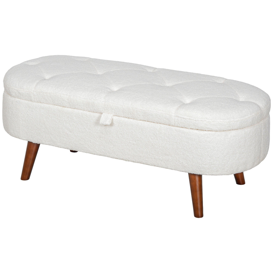 HOMCOM Boucle Bedroom Bench with Storage, Tufted Teddy Fleece Storage Ottoman Bench with Wood Legs for Living Room, White
