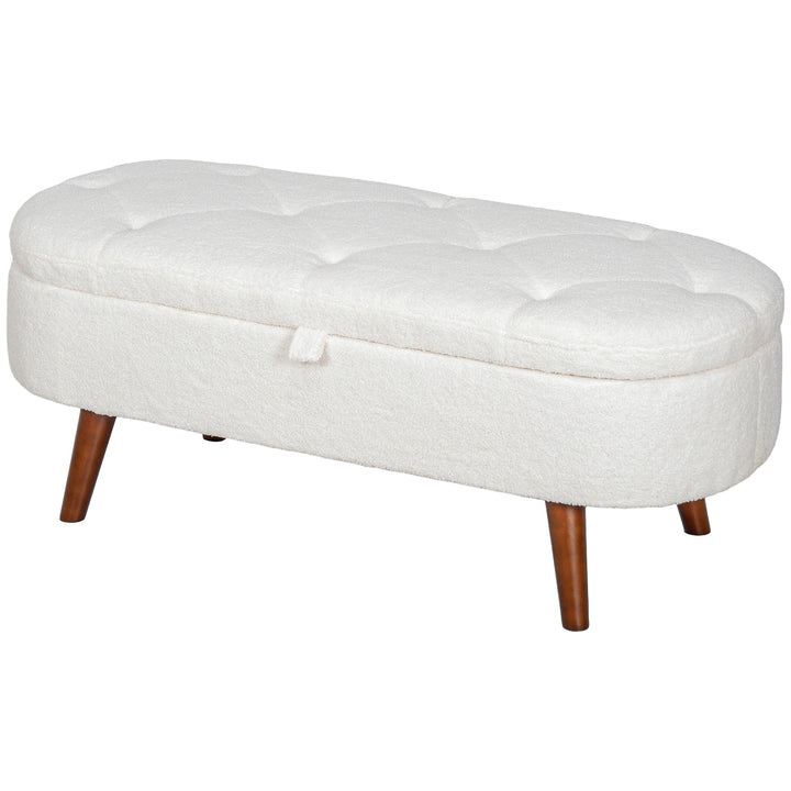 HOMCOM Boucle Bedroom Bench with Storage, Tufted Teddy Fleece Storage Ottoman Bench with Wood Legs for Living Room, White