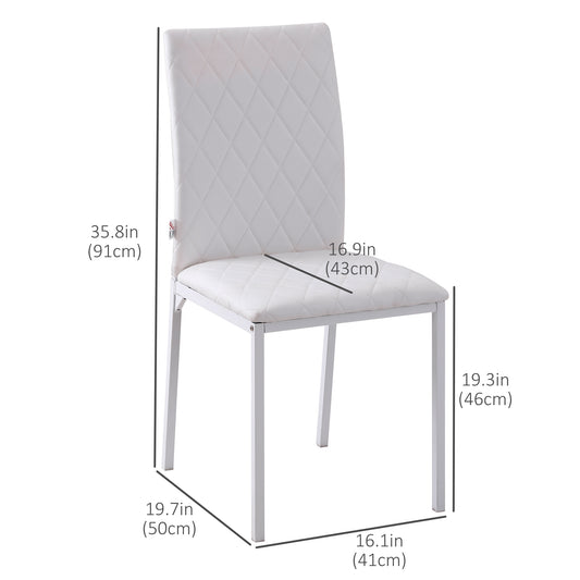 HOMCOM Modern Dining Chairs Set of 4, Upholstered Faux Leather Kitchen Chairs with Rhombic Tufting and Metal Legs for Living Room, White