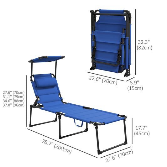 Outsunny Folding Chaise Lounge with Adjustable Sunroof, Outdoor Quick Dry Padded Tanning Chairs with Headrest, Reclining Back Outdoor Lounge Chair, for Beach, Yard, Patio, Blue
