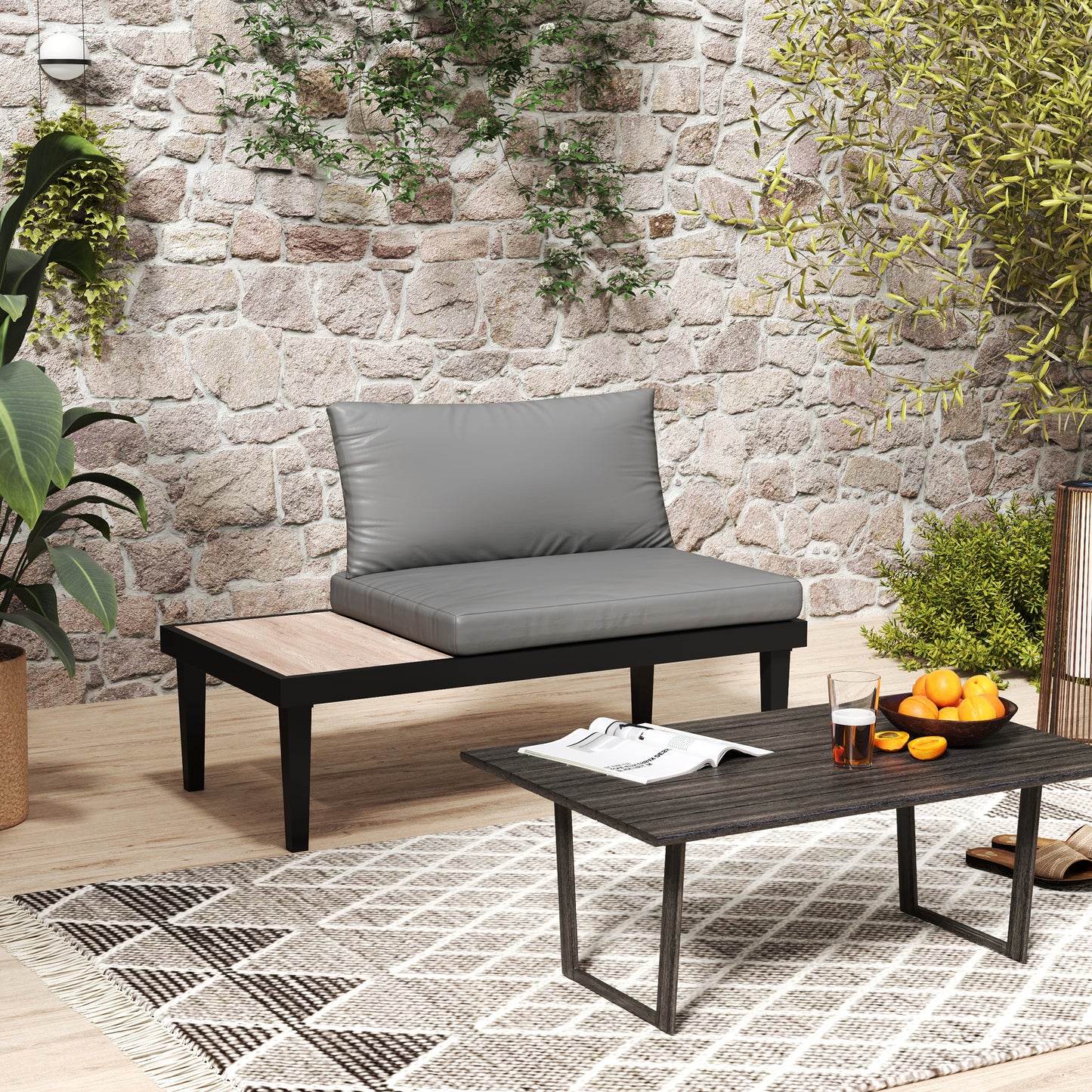 Outsunny 2 Seater Patio Sofa, Outdoor Sofa Couch with Wood Grain Side Tray and Cushions for Balcony, Backyard, Grey