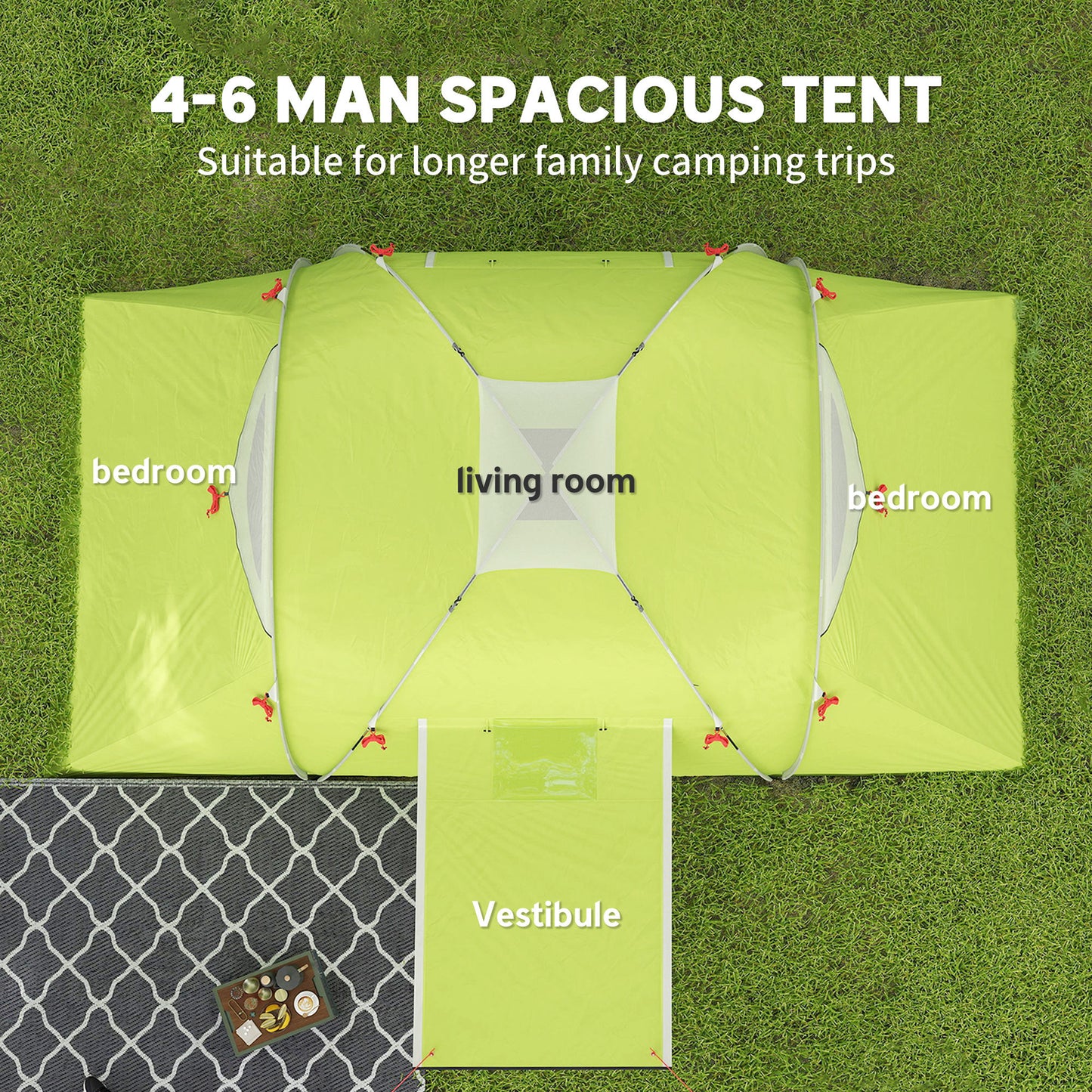 Outsunny 4-6 Person Camping Tent, 2000mm Waterproof Tunnel Tent with 2 Bedrooms, Living Area, Vestibule, Lamp Hook and 4 Doors