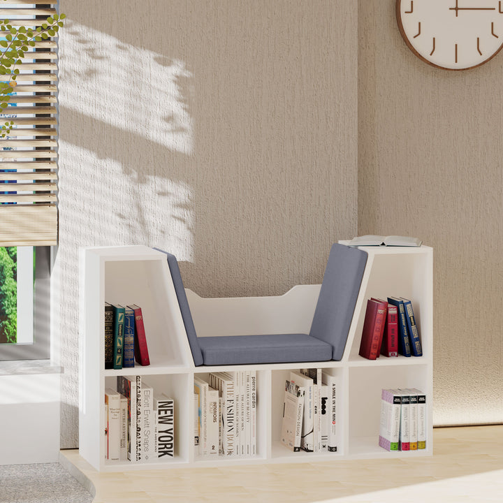 HOMCOM 6-Cubby Bookcase with Seat Cushion, Cube Storage Shelf with Reading Nook for Home Office, Study, Grey