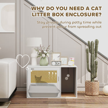 PawHut Cat Litter Box Enclosure, Cat Washroom End Side Table with Rattan Door, Scratching Pad, Non-slip Foot Pads, White
