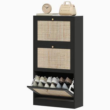 HOMCOM Rattan Shoe Storage Cabinet with 3 Flip Drawers and Adjustable Shelves, Entryway Shoe Cabinet for 18 Pairs, Black