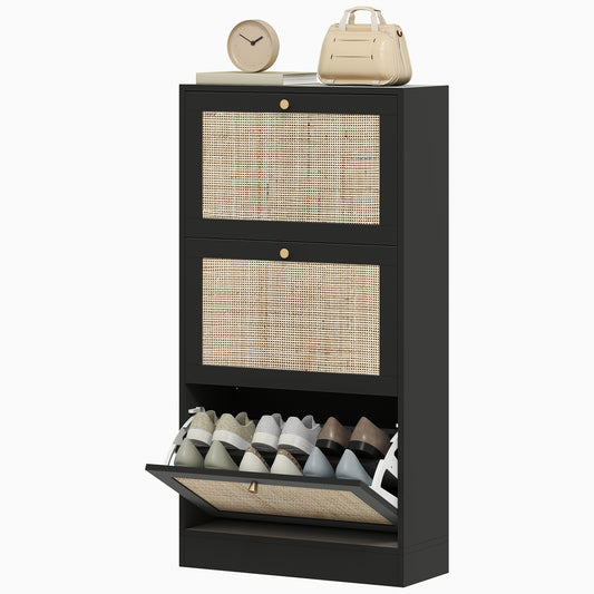 HOMCOM Rattan Shoe Storage Cabinet with 3 Flip Drawers and Adjustable Shelves, Entryway Shoe Cabinet for 18 Pairs, Black