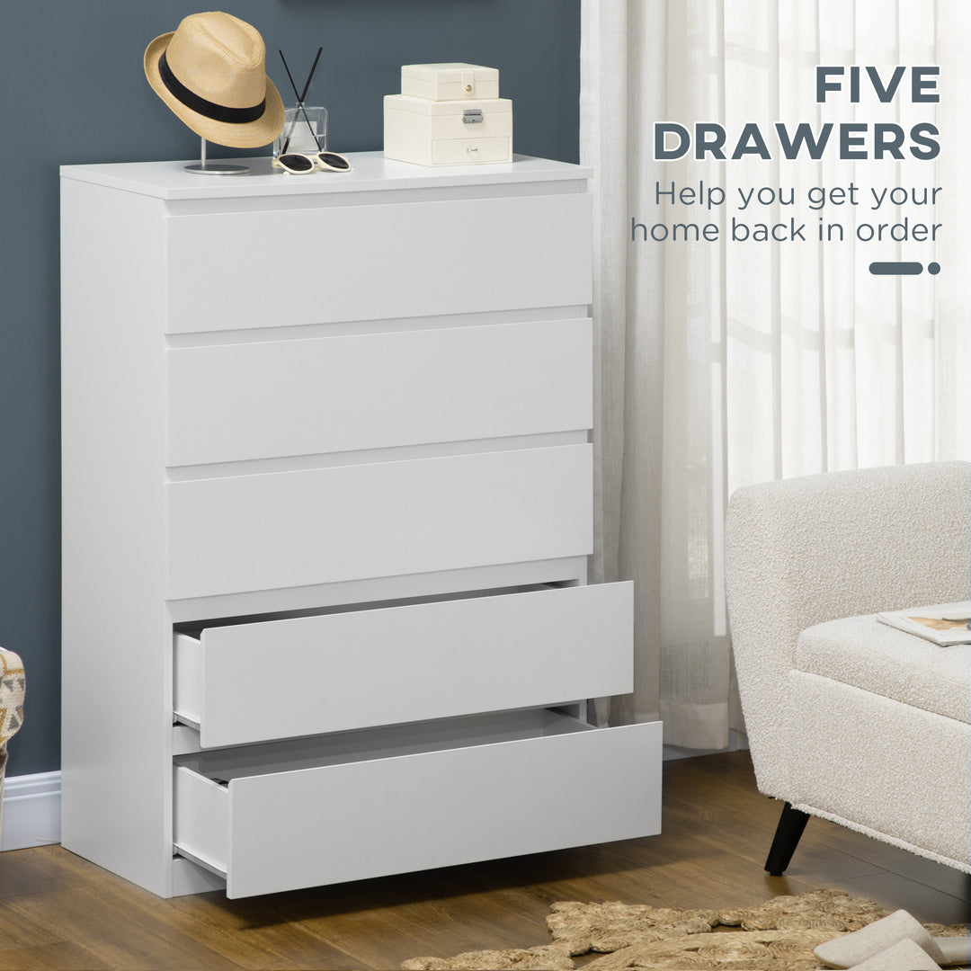 HOMCOM Dresser for Bedroom with 5 Drawers, Modern Chest of Drawers for Living Room, Closet, Hallway, White