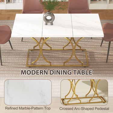 HOMCOM 59-Inch Dining Table for 6, Modern Marble-Pattern Kitchen Dinner Table with Metal Pedestal for Home, Dining Room, White