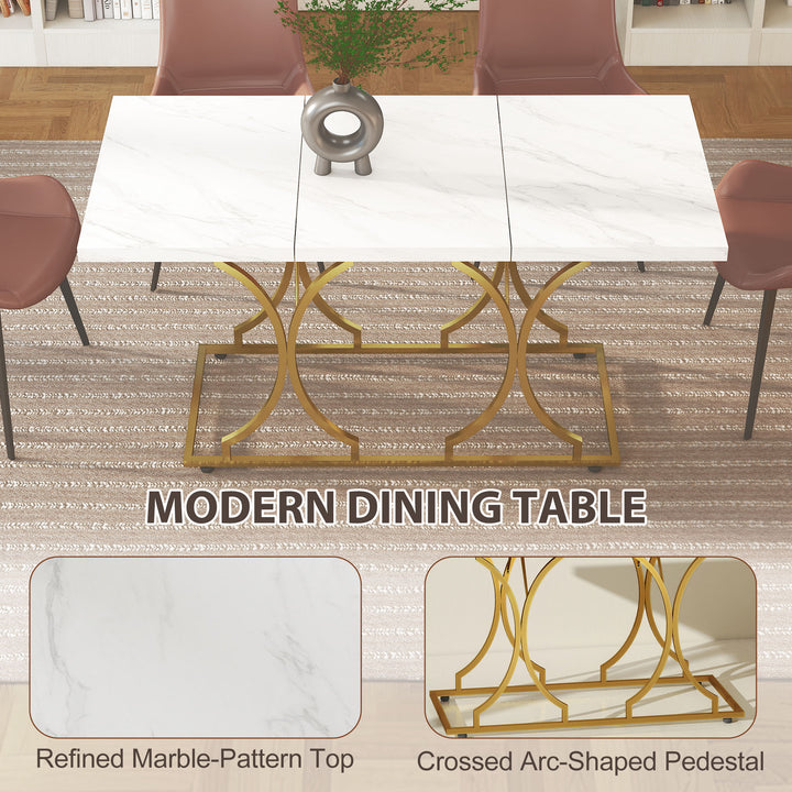 HOMCOM 59-Inch Dining Table for 6, Modern Marble-Pattern Kitchen Dinner Table with Metal Pedestal for Home, Dining Room, White