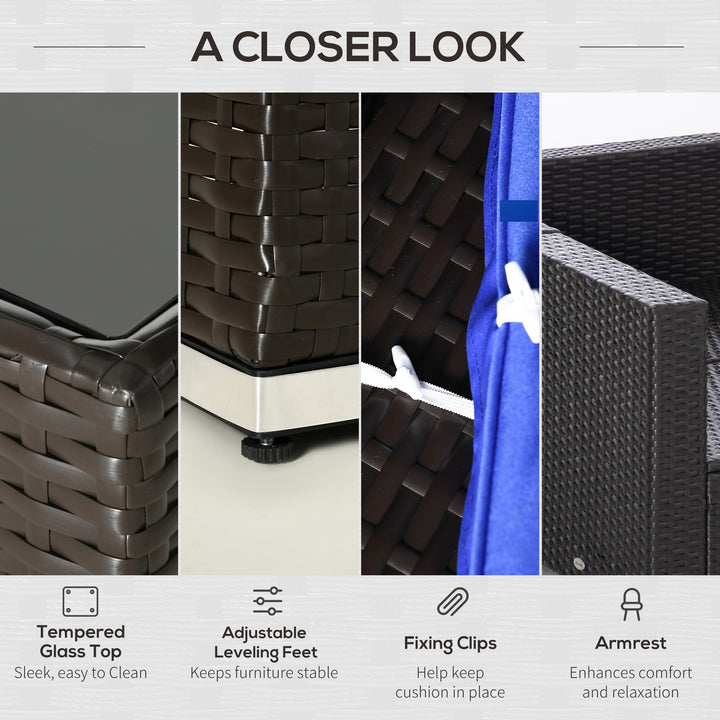 Outsunny 7 Pieces Outdoor Rattan Furniture Set, Patio Wicker Sectional Conversation Sofa Set, Blue