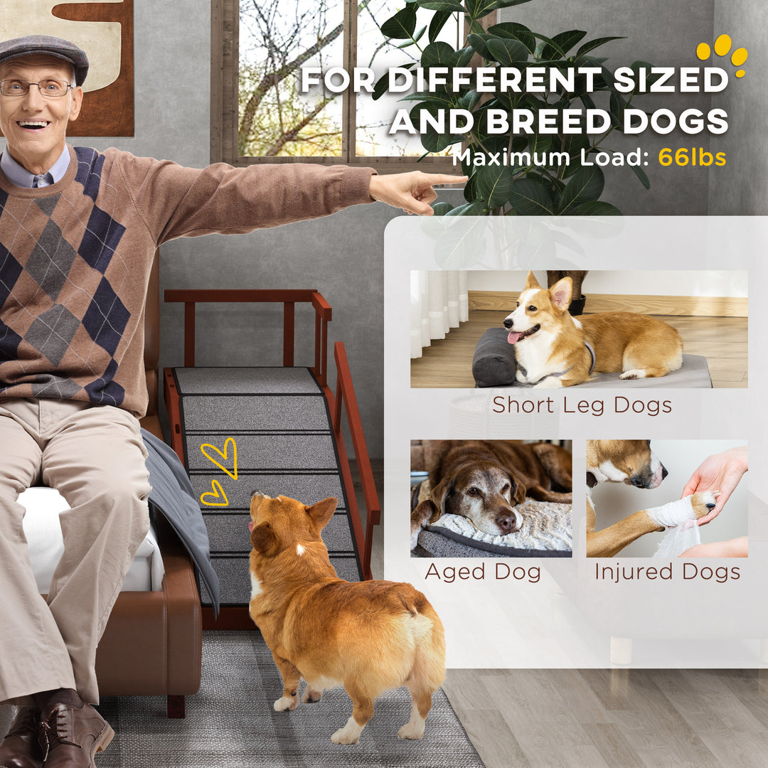 PawHut Wooden Dog Ramp for Large Dogs, 60" Long, with Non-slip Rug, Removable Guardrails for Couch, Bed, Brown