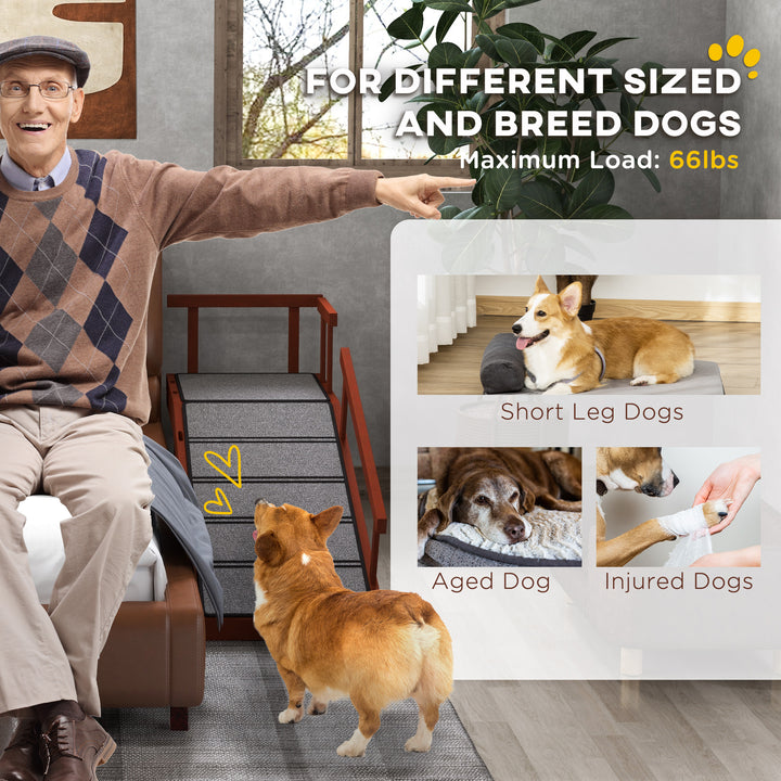 PawHut Wooden Dog Ramp for Large Dogs, 60" Long, with Non-slip Rug, Removable Guardrails for Couch, Bed, Brown