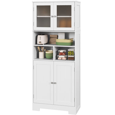 HOMCOM 57" Kitchen Pantry, Freestanding Pantry Storage Cabinet with Glass Doors, Adjustable Shelves, Open Compartments, White