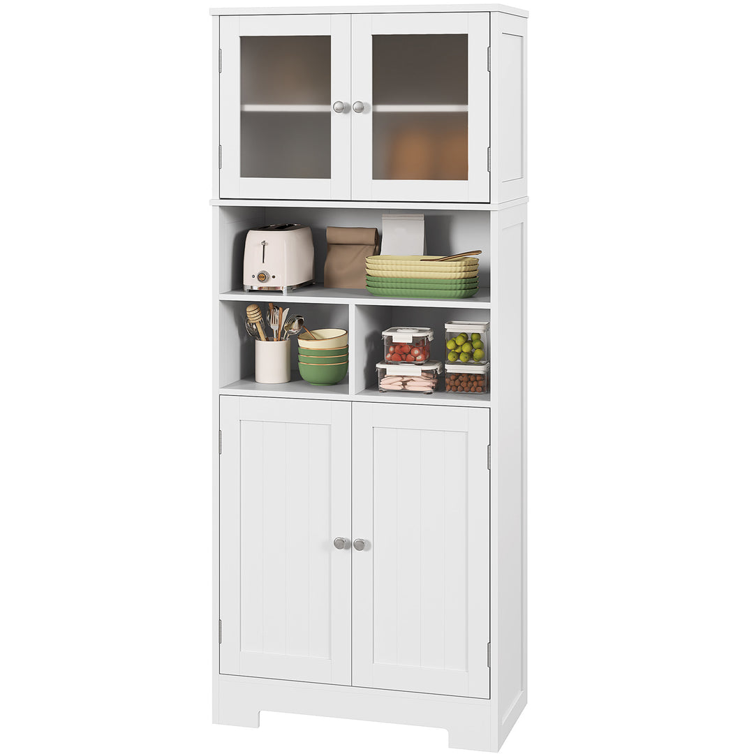HOMCOM 57" Kitchen Pantry, Freestanding Pantry Storage Cabinet with Glass Doors, Adjustable Shelves, Open Compartments, White