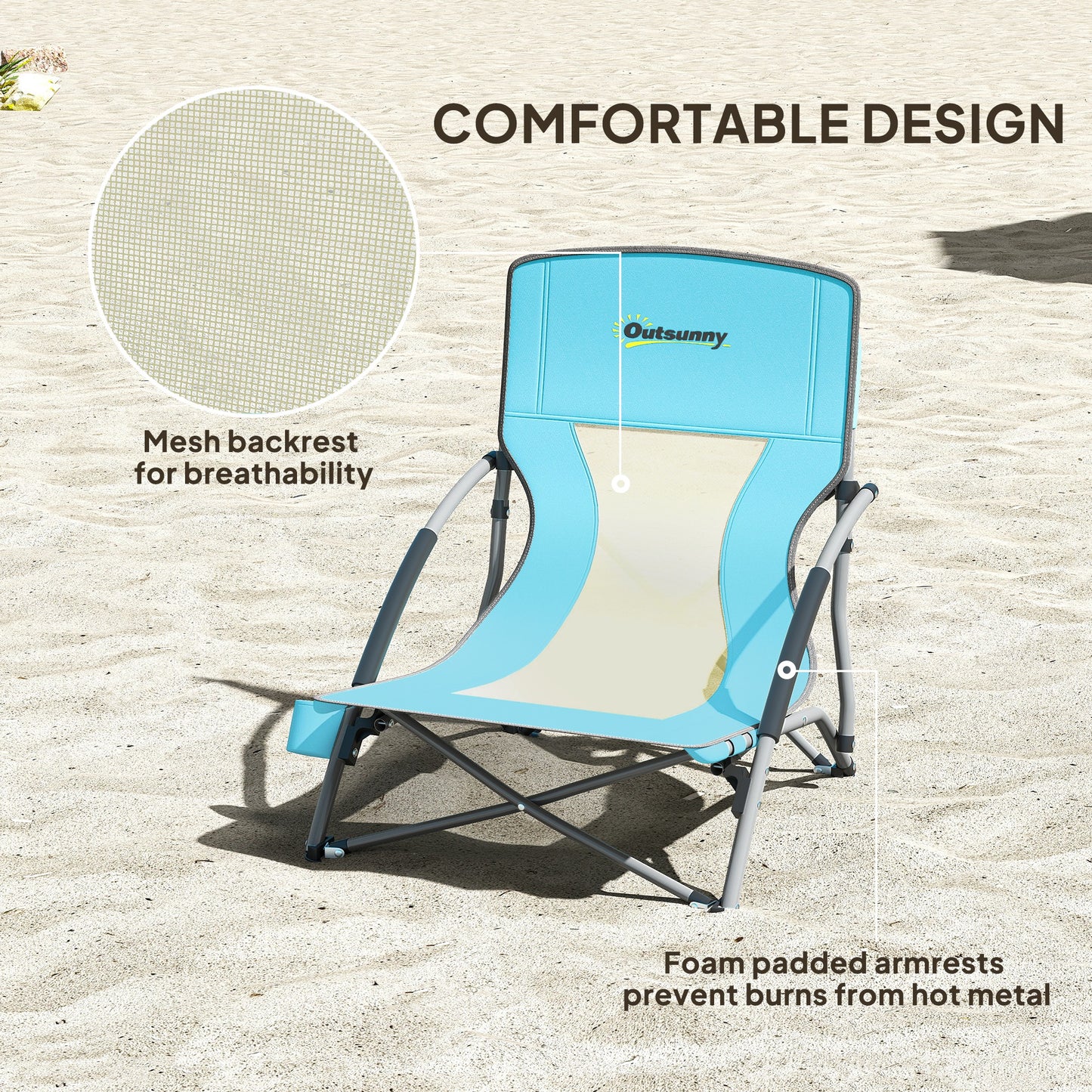 Outsunny Set of 2 Folding Beach Chairs with Mesh Back, Carry Bag and Cup Holder for Outdoor Camping Lawn, 22.8" x 21.7" x 24.4"