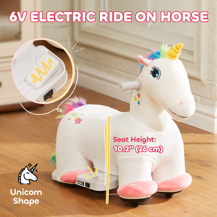 Qaba 6V Ride on Unicorn, Battery Powered Kids Riding Pony with Music Forward, Aged 18-36 Months, White