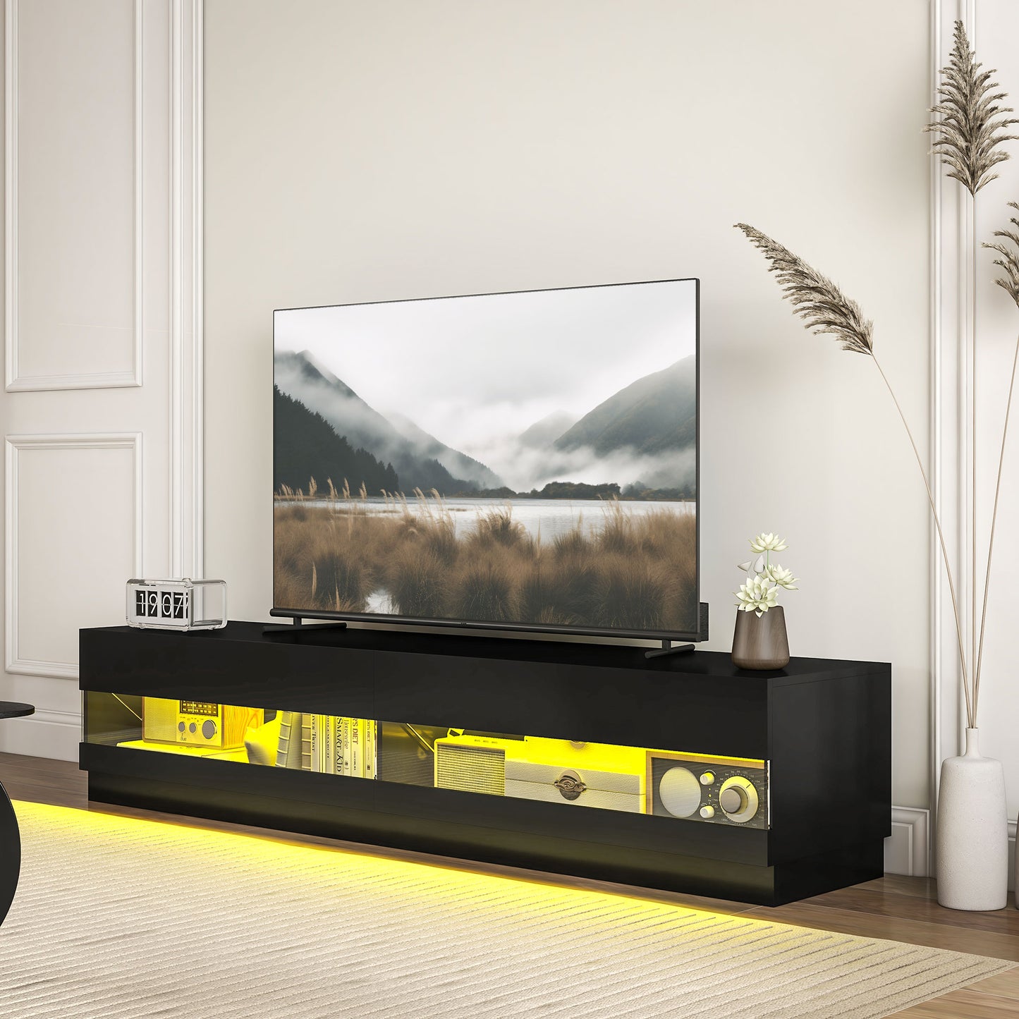 HOMCOM Lighted TV Stand for TVs up to 75", TV Cabinet with Storage for Living Room, High Gloss White